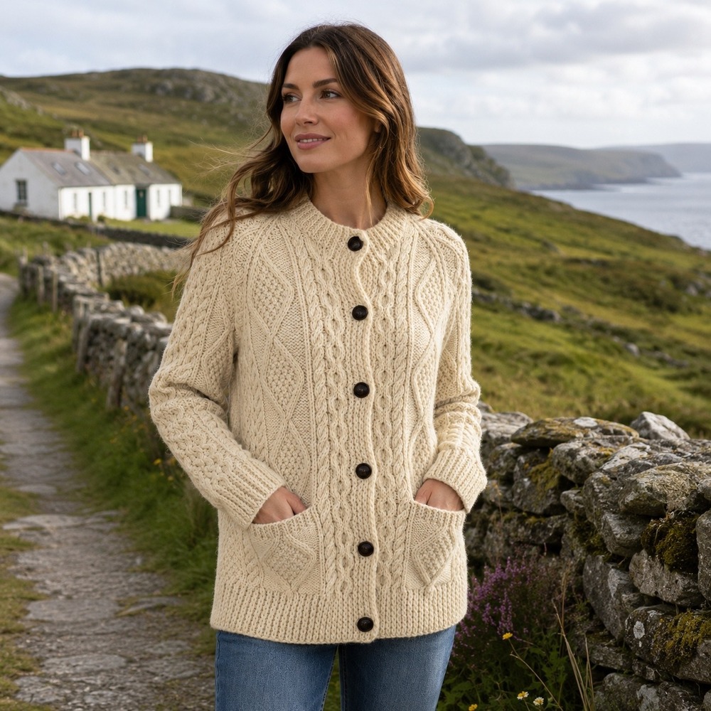 Kathleens Donegal Handknit Cardigan Womens Cream Wool Irish Aran Sweater Vintage